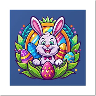 Cute Easter Bunny with Colorful Eggs Posters and Art